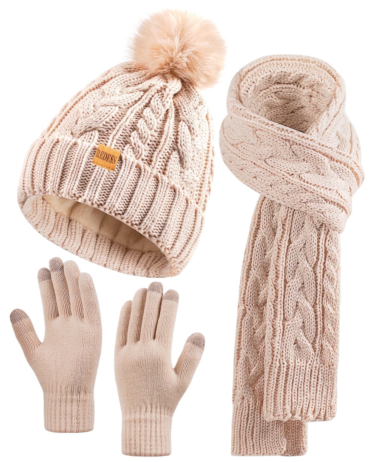 REDESS Winter Beanie Hat Scarf Gloves Set for Women,Fleece Lined Winter Scarfs Hats Gloves Sets,Oat