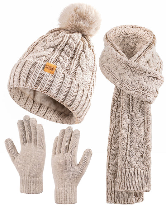 REDESS Winter Beanie Hat Scarf Gloves Set for Women,Fleece Lined Winter Scarfs Hats Gloves Sets,Oat