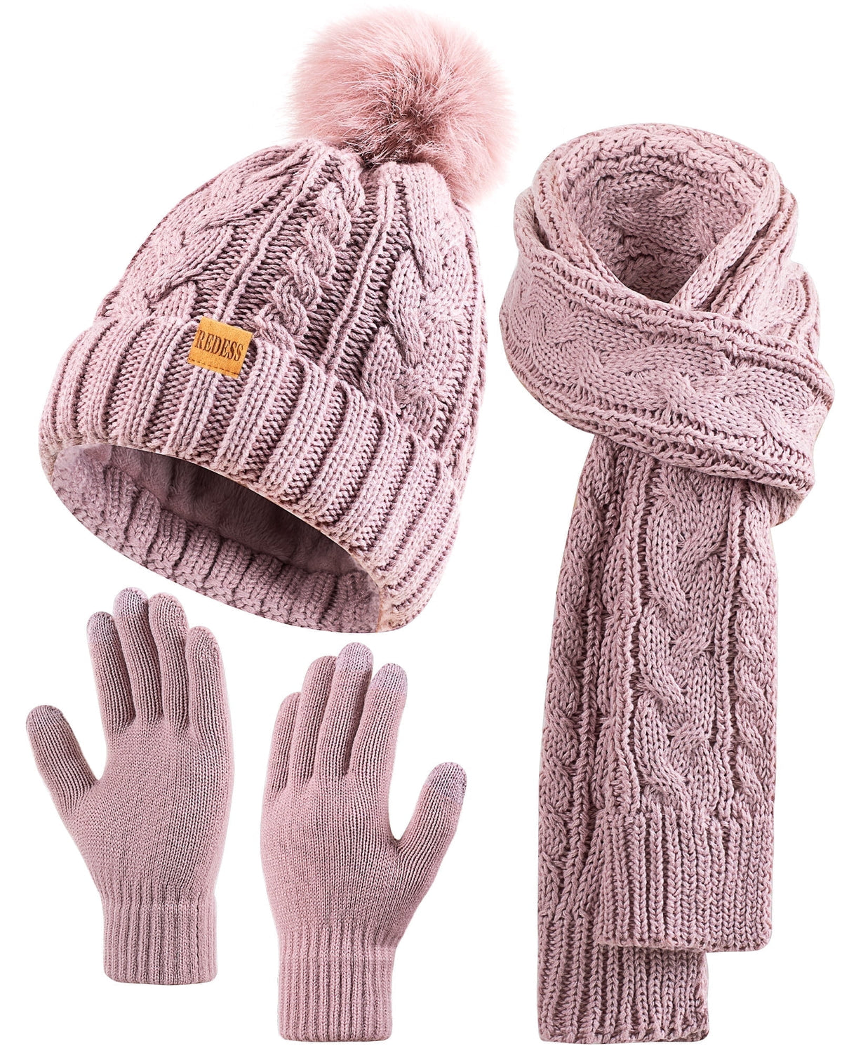REDESS Winter Beanie Hat Scarf Gloves Set for Women,Fleece Lined Winter Scarfs Hats Gloves Sets,Oat