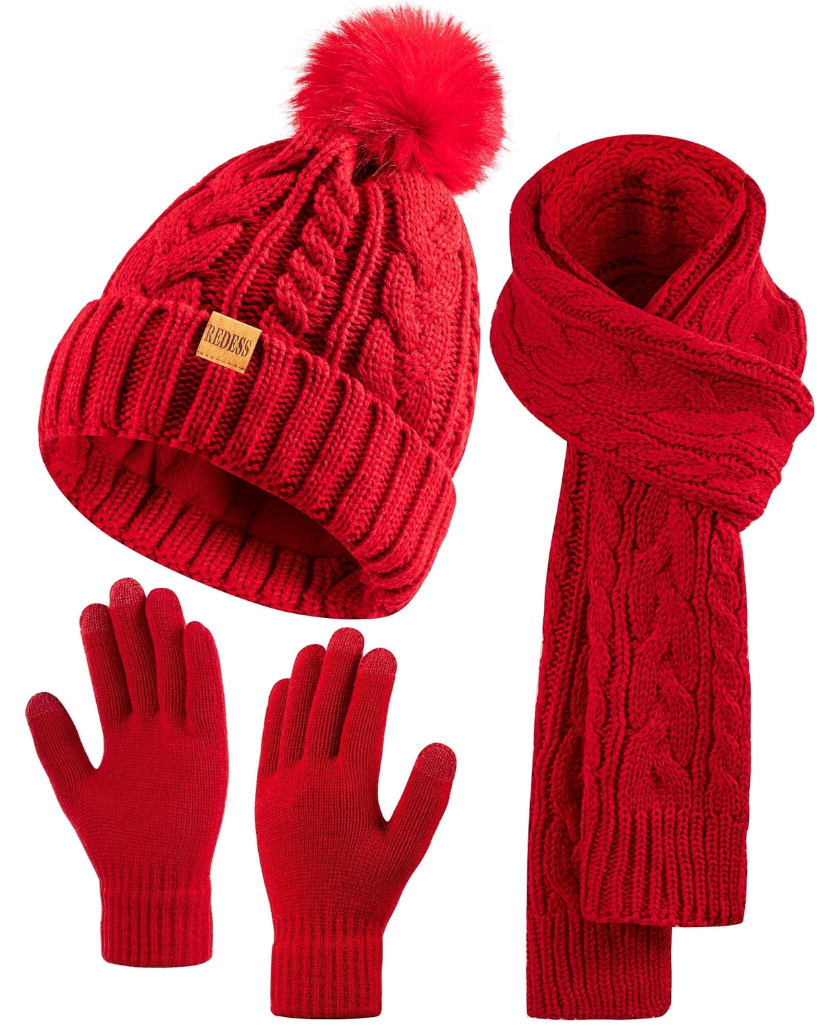REDESS Winter Beanie Hat Scarf Gloves Set for Women,Fleece Lined Winter Scarfs Hats Gloves Sets,Oat