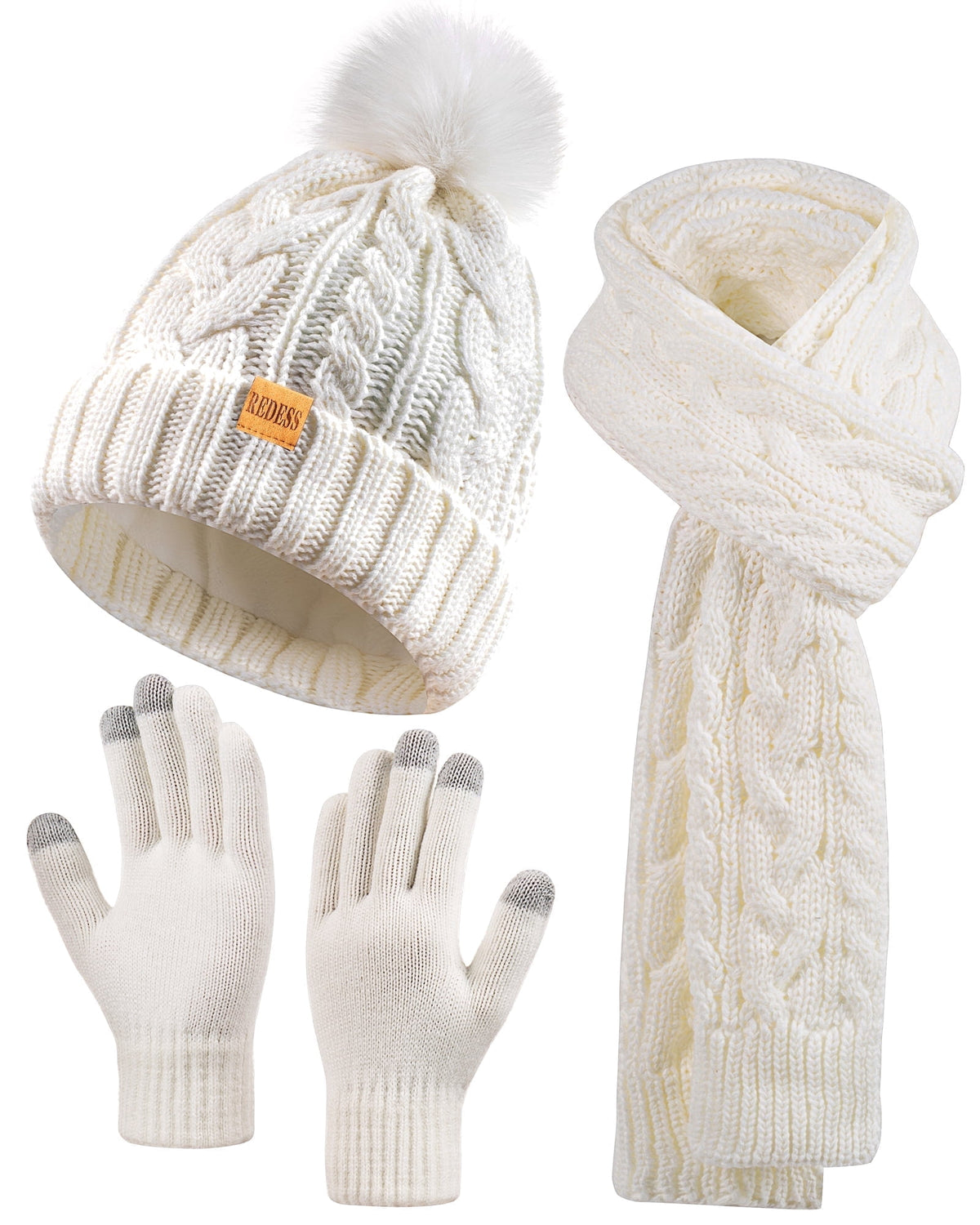 REDESS Winter Beanie Hat Scarf Gloves Set for Women,Fleece Lined Winter Scarfs Hats Gloves Sets,Oat