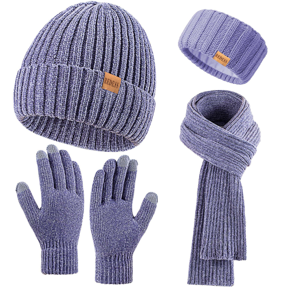 REDESS Winter Women's Beanie Hat Scarf Gloves Headband Set-Black
