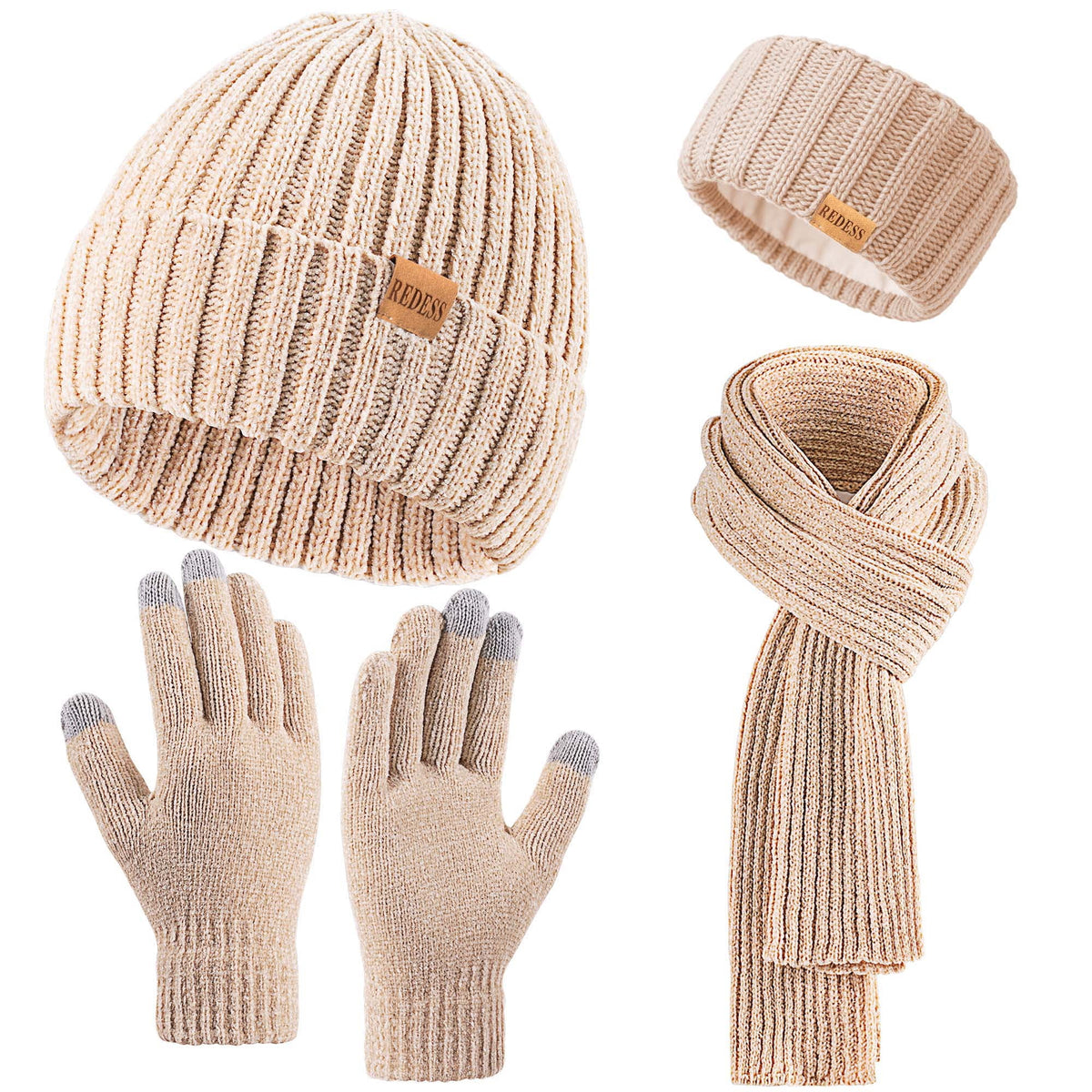 REDESS Winter Women's Beanie Hat Scarf Gloves Headband Set-Black