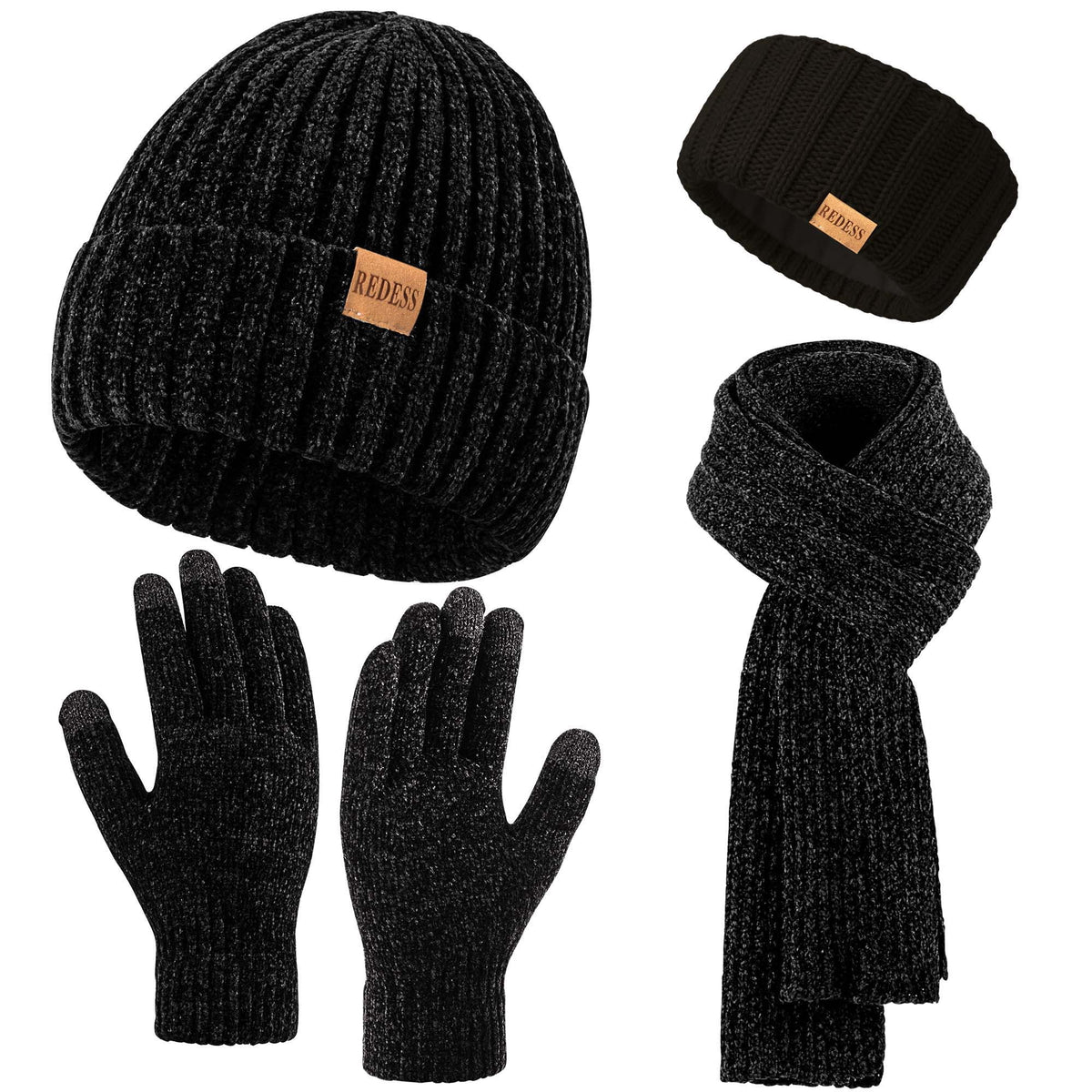 REDESS Winter Women's Beanie Hat Scarf Gloves Headband Set-Black