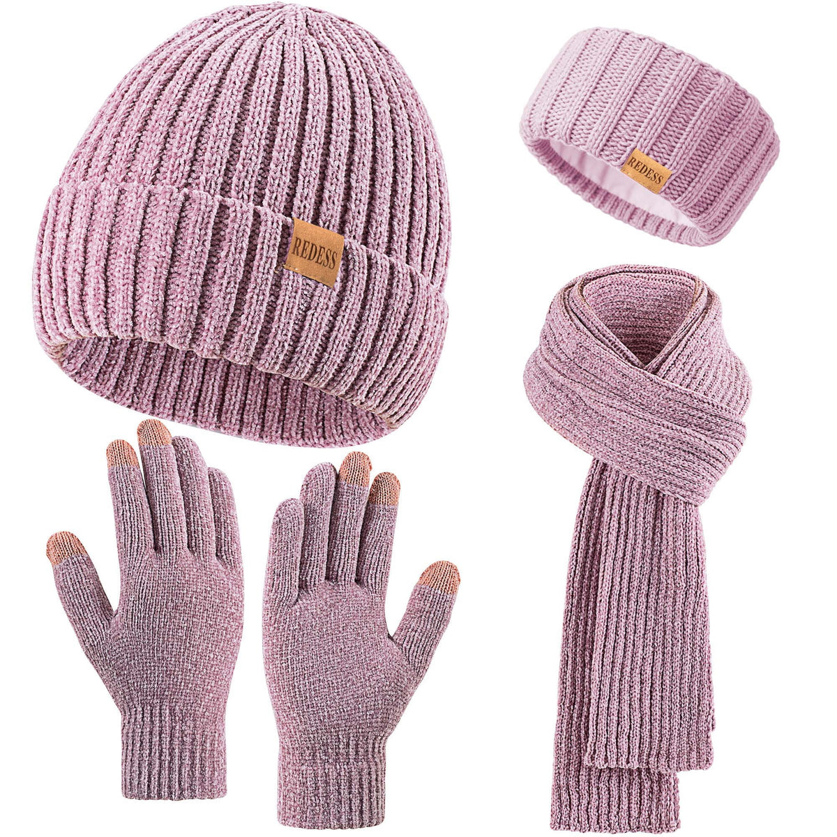 REDESS Winter Women's Beanie Hat Scarf Gloves Headband Set-Black