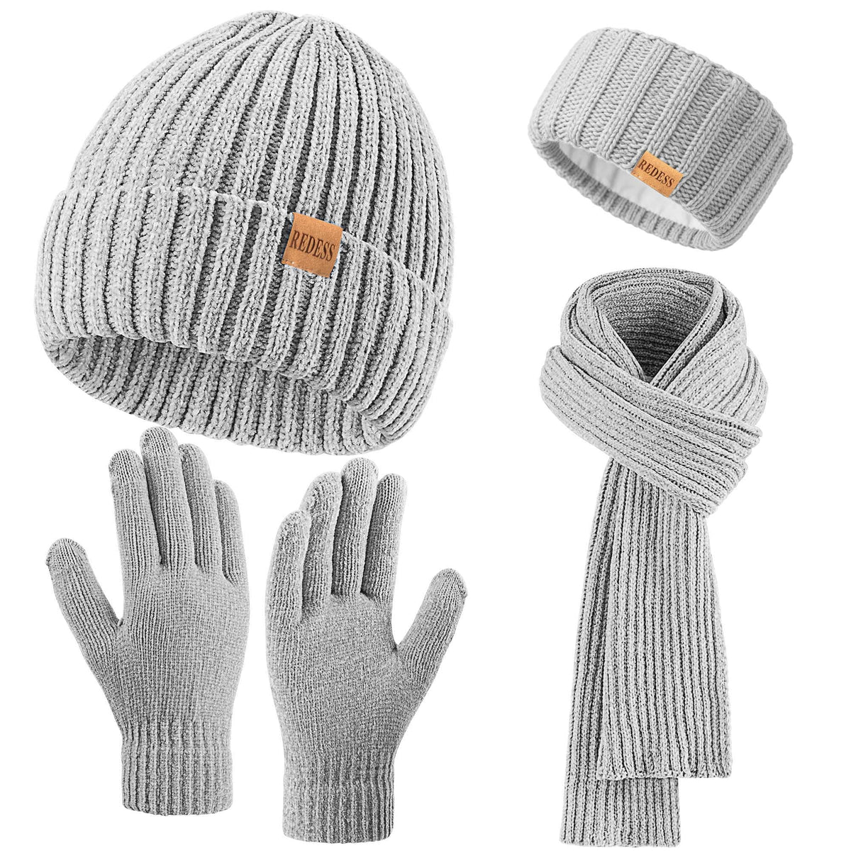 REDESS Winter Women's Beanie Hat Scarf Gloves Headband Set-Black