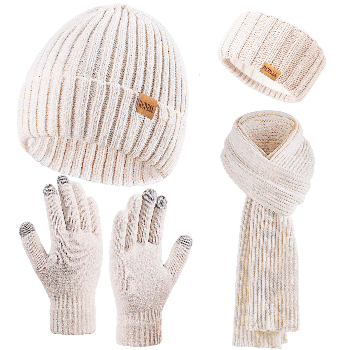 REDESS Winter Women's Beanie Hat Scarf Gloves Headband Set-Black