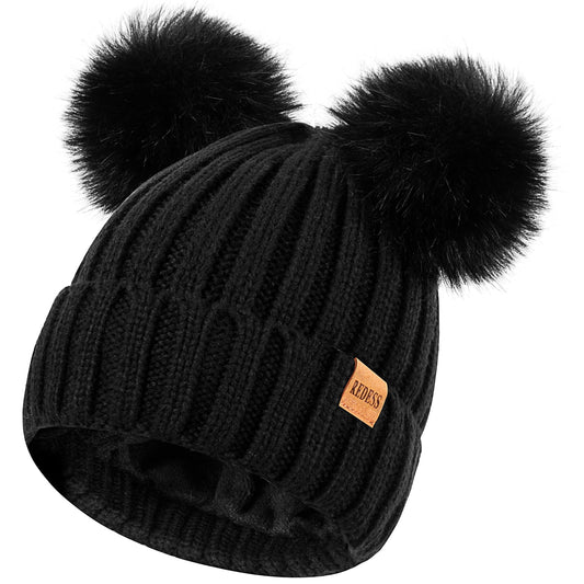 REDESS Winter Beanie Hat for Women with Warm Fleece Lined, Thick Slouchy Knit Skull Ski Cap-Black