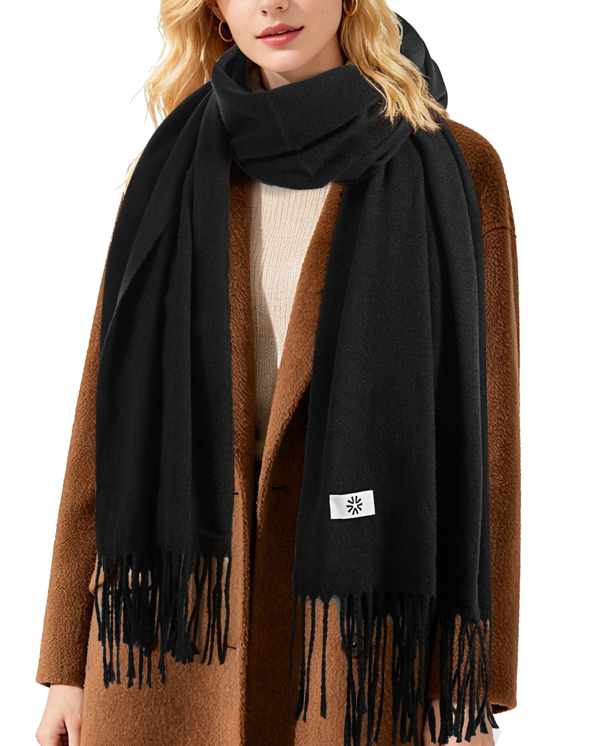 REDESS Women's Scarf,Winter Warm Soft Solid Color Pattern Tassel Shawl Wrap,Black
