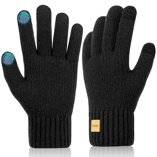 REDESS Winter Thermal Gloves for Women and Men Touch Screen Knit Warm Black Gloves for Cold Weather