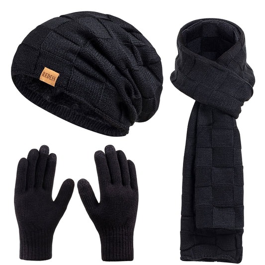 REDESS Winter Warm Beanie Hat Scarf Gloves Set for Men and Women,Knit Slouchy Thick Skull Hats Scarf Gloves Set-Pure Black