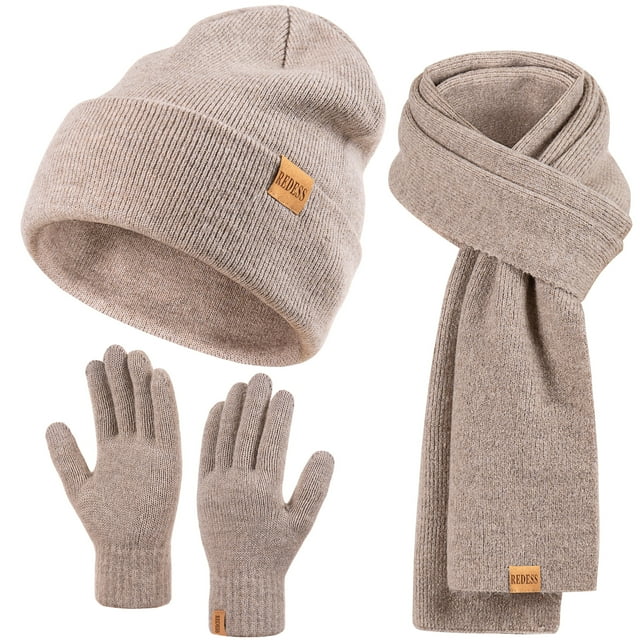 REDESS Winter Warm Beanie Hat Scarf Gloves Set for Women and Men-Khaki