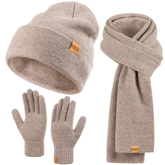 REDESS Winter Warm Beanie Hat Scarf Gloves Set for Women and Men-Khaki