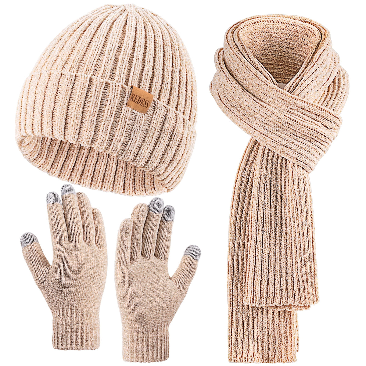 REDESS Winter Women's Beanie Hat Scarf Gloves Set-White