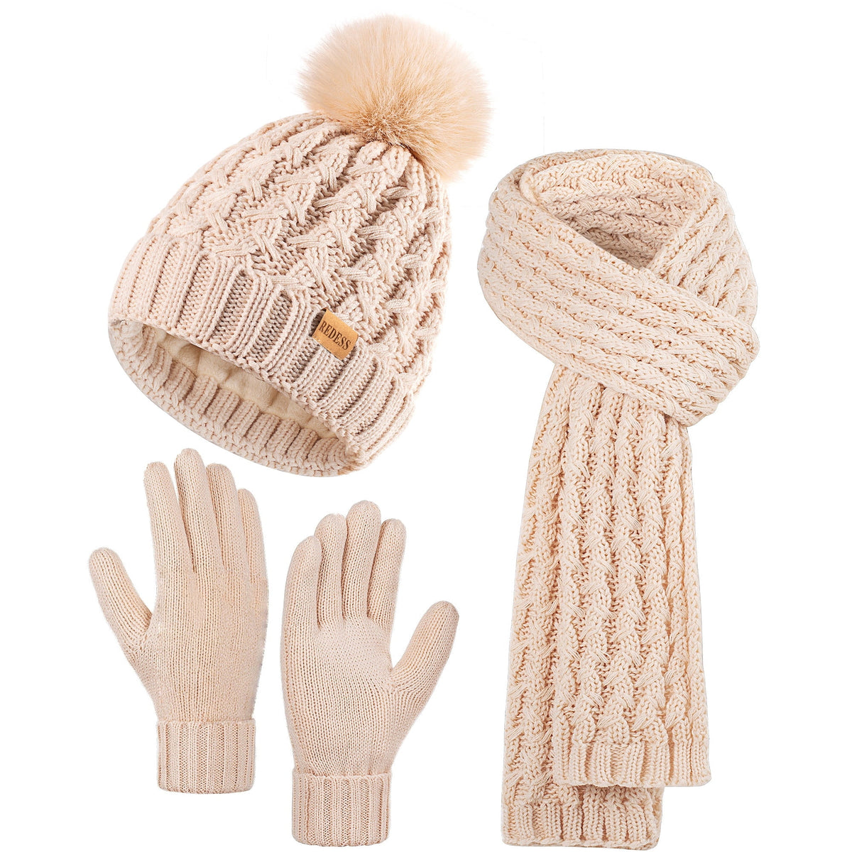 REDESS Winter Women¡¯s Beanie Hat Scarf Gloves Set, Fleece Lined Winter Hat with Pom Pom,Oat