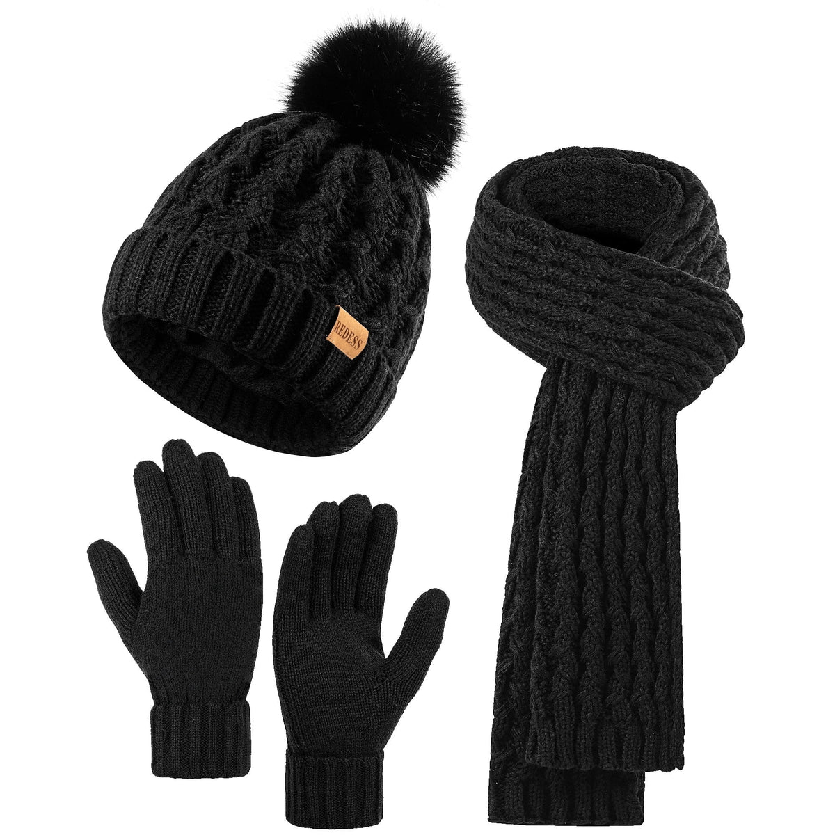REDESS Winter Women¡¯s Beanie Hat Scarf Gloves Set, Fleece Lined Winter Hat with Pom Pom,Oat
