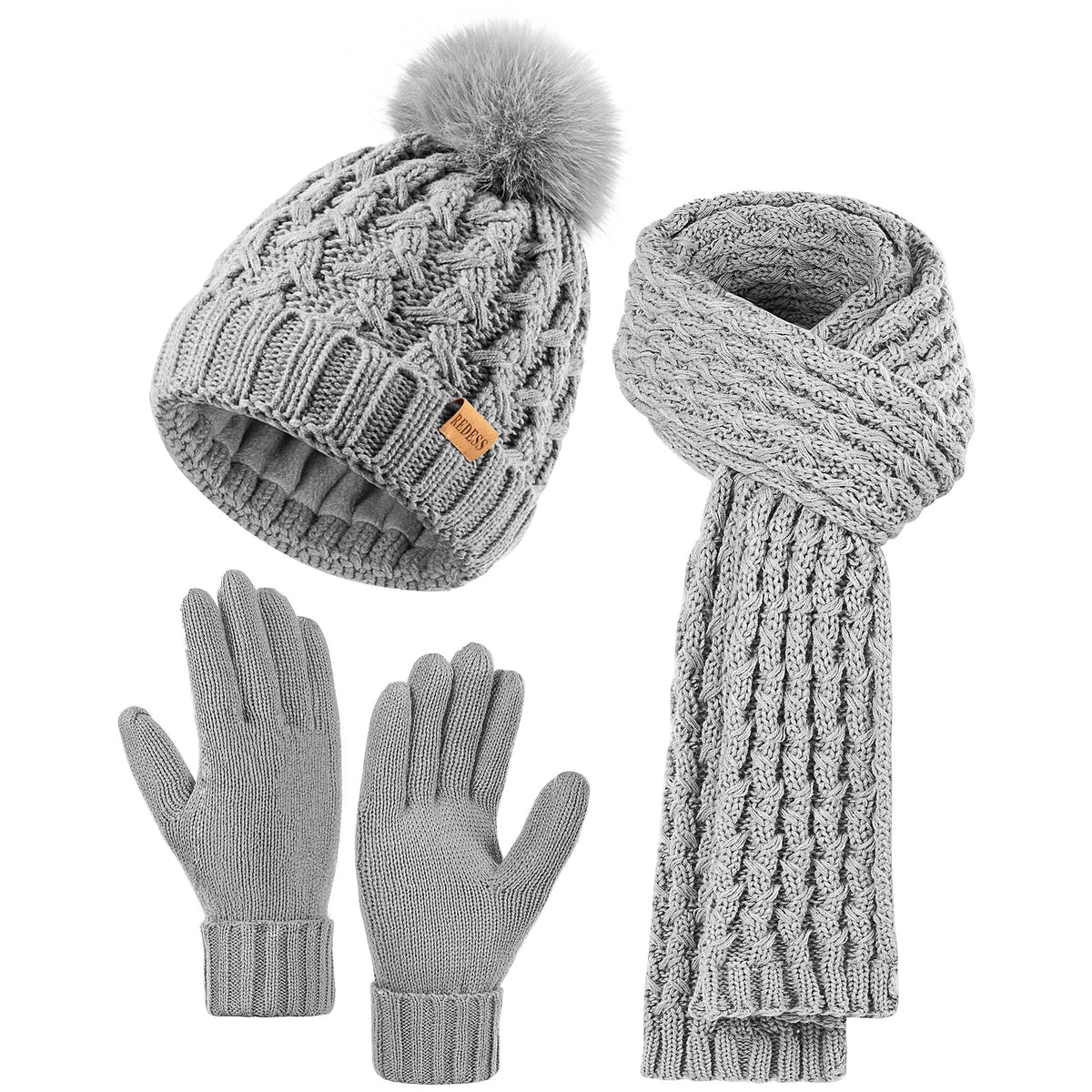 REDESS Winter Women¡¯s Beanie Hat Scarf Gloves Set, Fleece Lined Winter Hat with Pom Pom,Oat