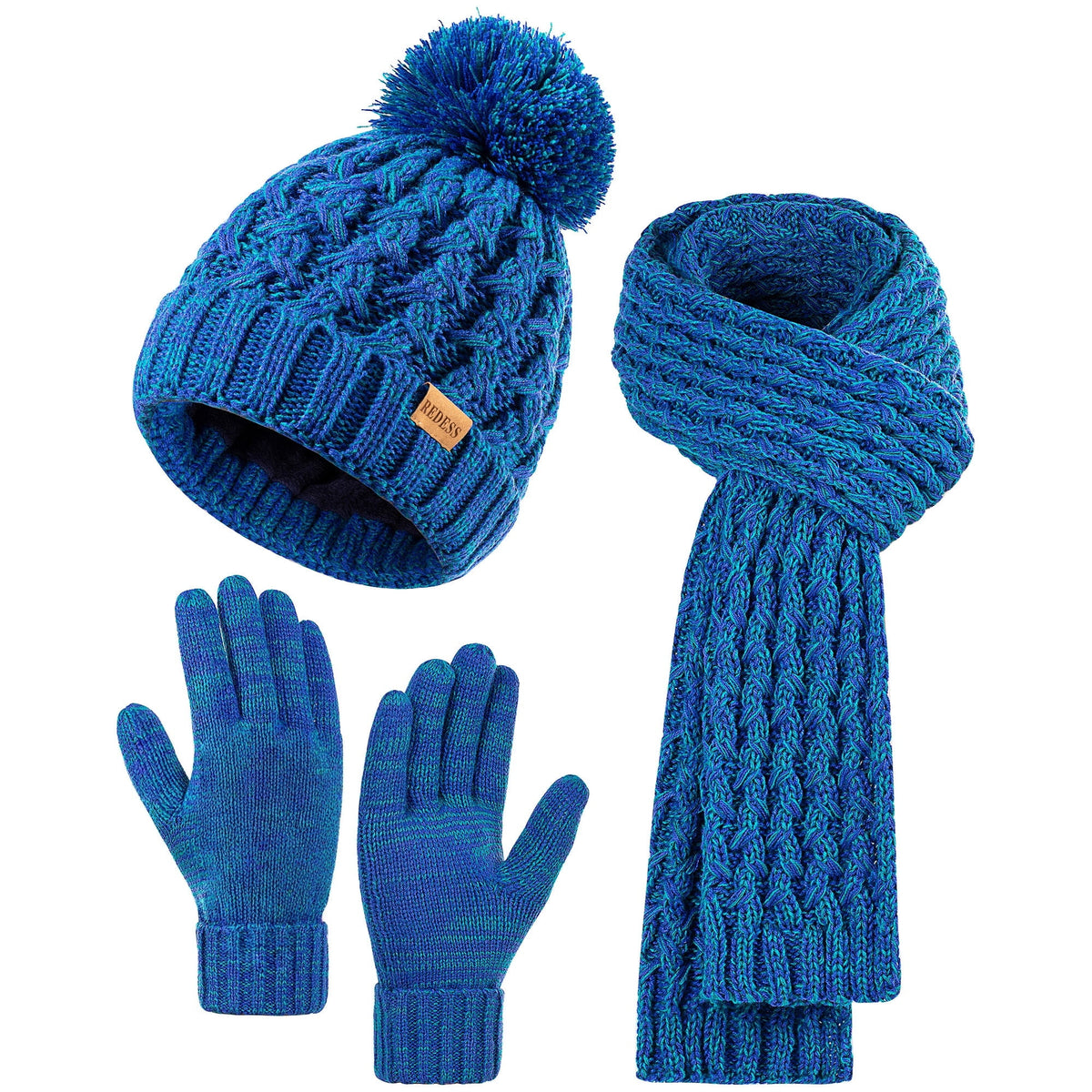 REDESS Winter Women¡¯s Beanie Hat Scarf Gloves Set, Fleece Lined Winter Hat with Pom Pom,Oat