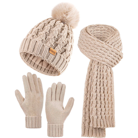 REDESS Winter Women¡¯s Beanie Hat Scarf Gloves Set, Fleece Lined Winter Hat with Pom Pom,Oat