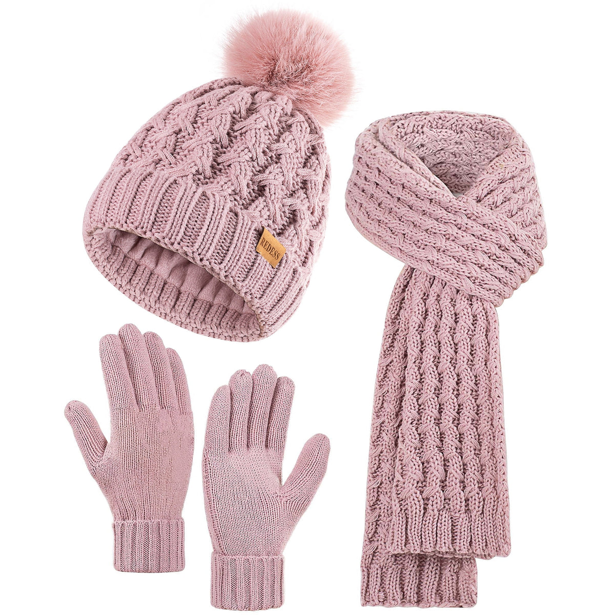 REDESS Winter Women¡¯s Beanie Hat Scarf Gloves Set, Fleece Lined Winter Hat with Pom Pom,Oat