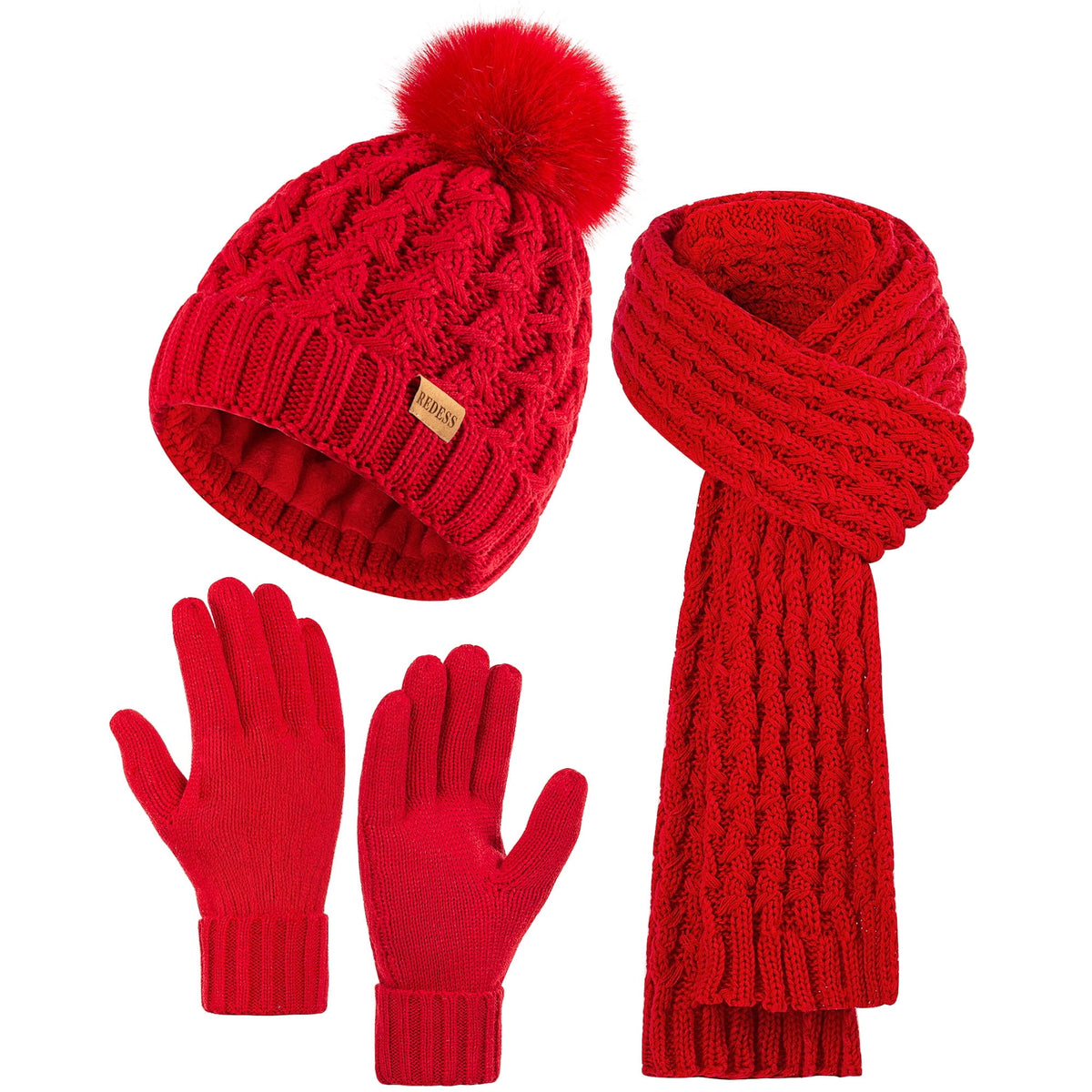 REDESS Winter Women¡¯s Beanie Hat Scarf Gloves Set, Fleece Lined Winter Hat with Pom Pom,Oat
