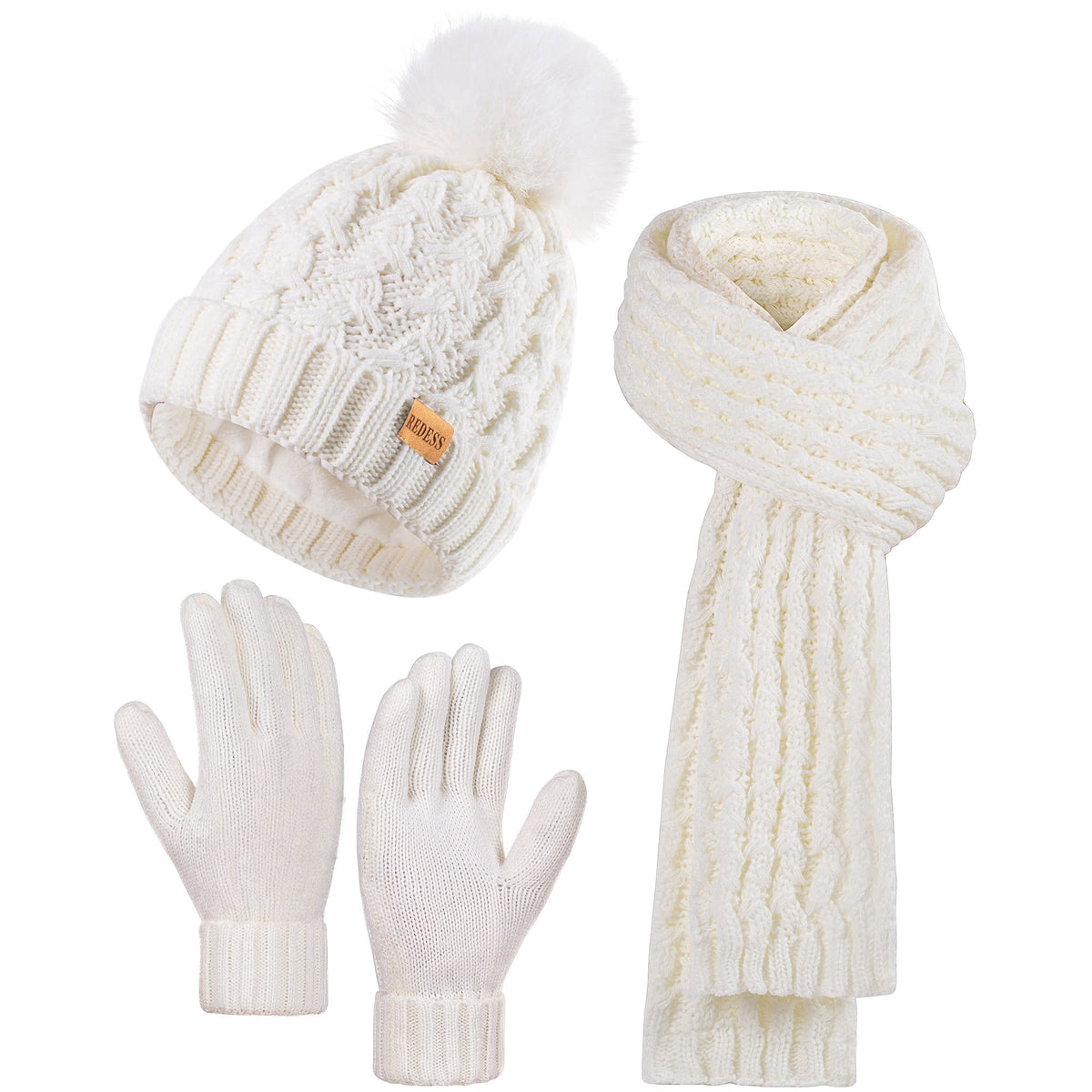 REDESS Winter Women¡¯s Beanie Hat Scarf Gloves Set, Fleece Lined Winter Hat with Pom Pom,Oat