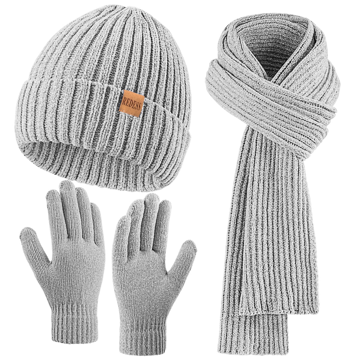 REDESS Winter Women's Beanie Hat Scarf Gloves Set-White