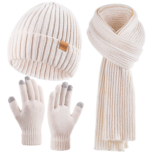 REDESS Winter Women's Beanie Hat Scarf Gloves Set-White