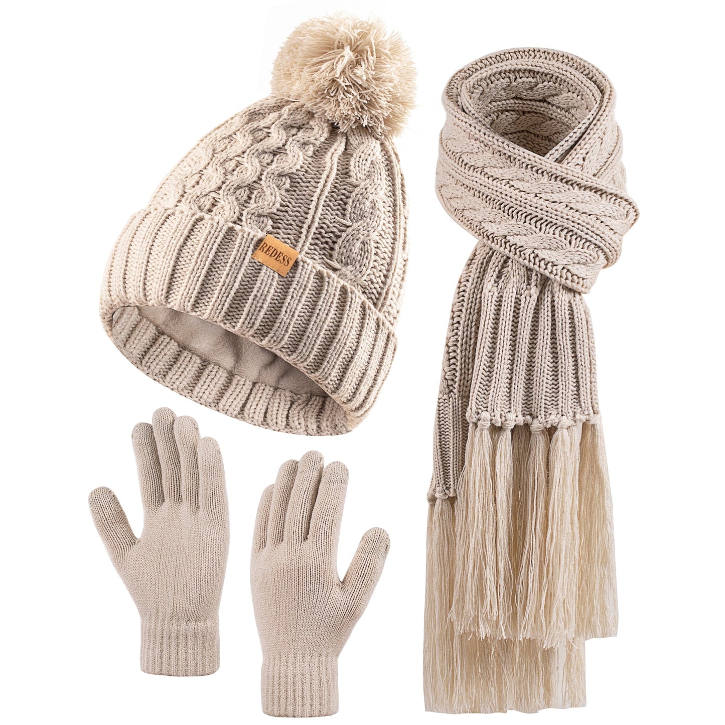 REDESS Winter Womens Beanie Hat Scarf Gloves Set, Fleece Lined Winter Hat with Pom Pom-Oat