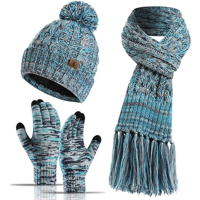 REDESS Winter Womens Beanie Hat Scarf Gloves Set, Fleece Lined Winter Hat with Pom Pom-Oat