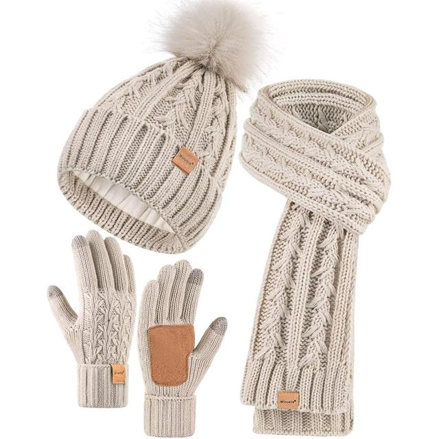 REDESS Winter Women’s Beanie Hat Scarf Gloves Set, Fleece Lined Winter Hat with Pom Pom,Oat