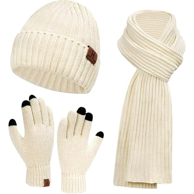 REDESS Winter Womens Chenille Beanie Hat Scarf Gloves Set-Beige