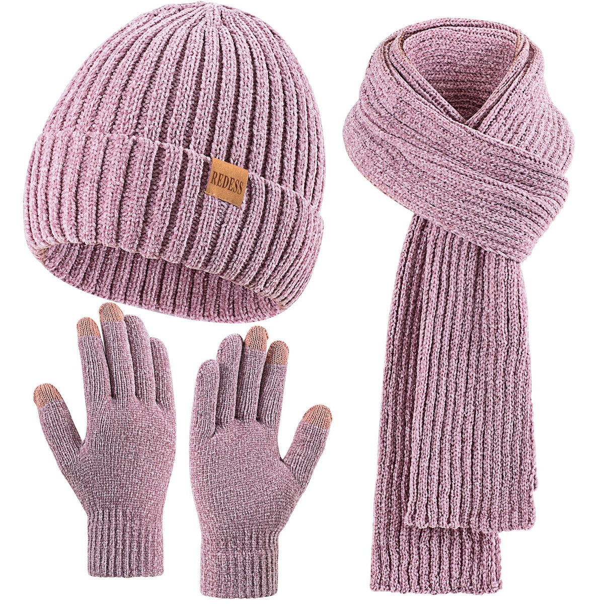 REDESS Winter Women's Beanie Hat Scarf Gloves Set-White