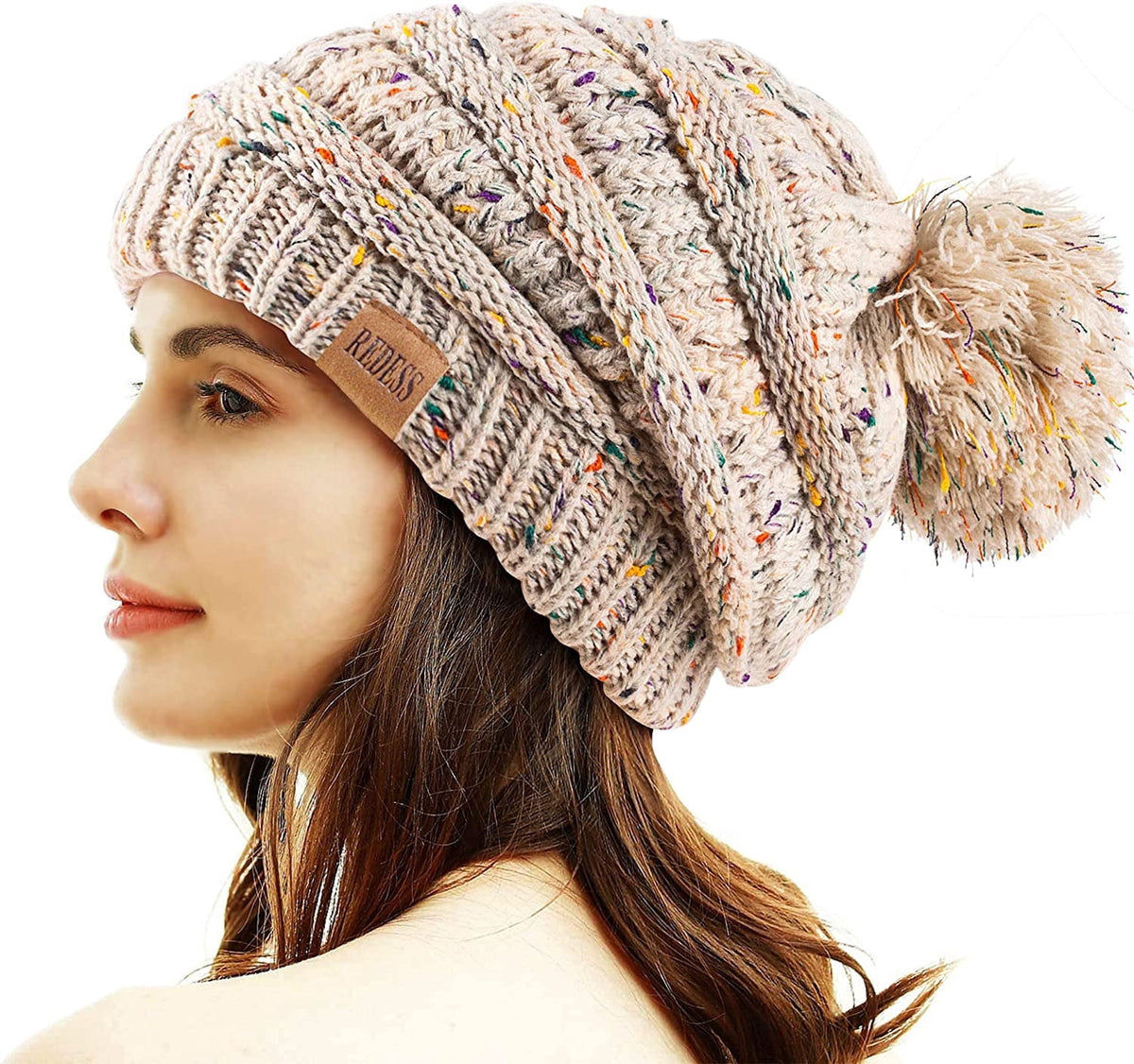 REDESS Women's Acrylic Winter Pom Pom Beanie Hat, Black, One Size
