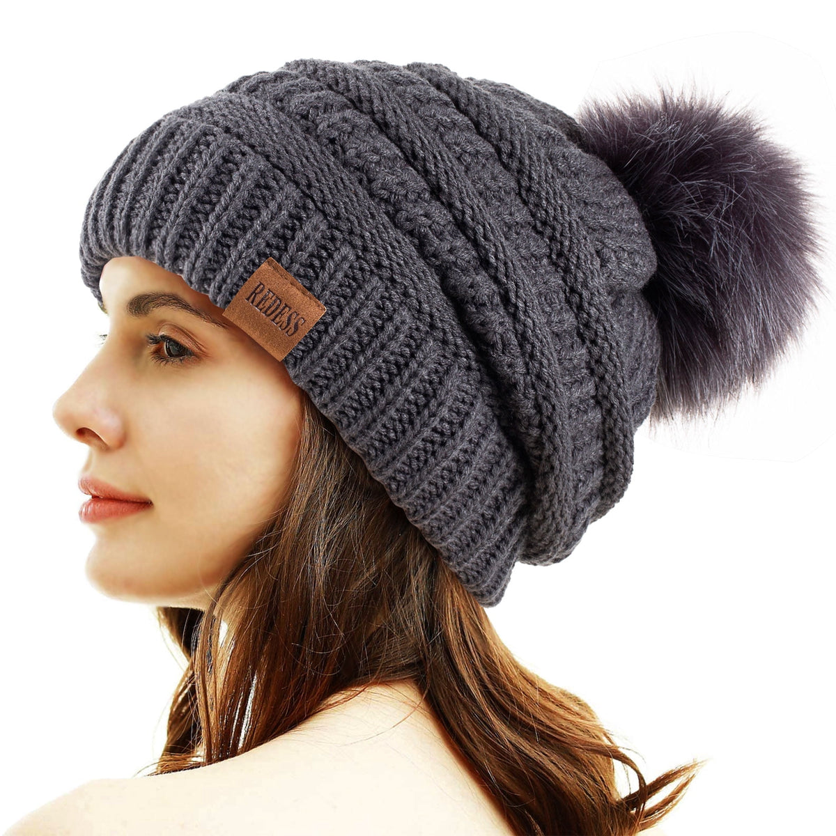 REDESS Women's Acrylic Winter Pom Pom Beanie Hat, Black, One Size