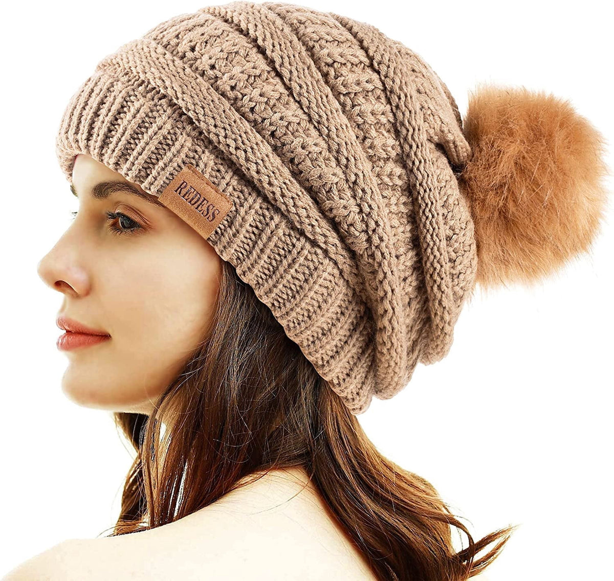 REDESS Women's Acrylic Winter Pom Pom Beanie Hat, Black, One Size