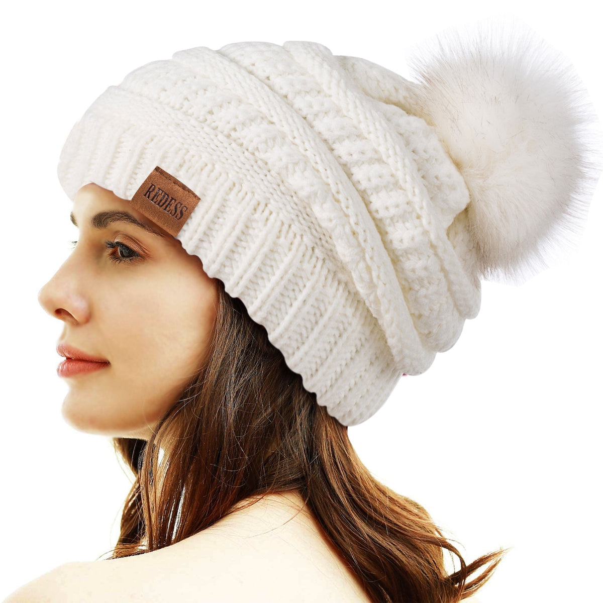 REDESS Women's Acrylic Winter Pom Pom Beanie Hat, Black, One Size
