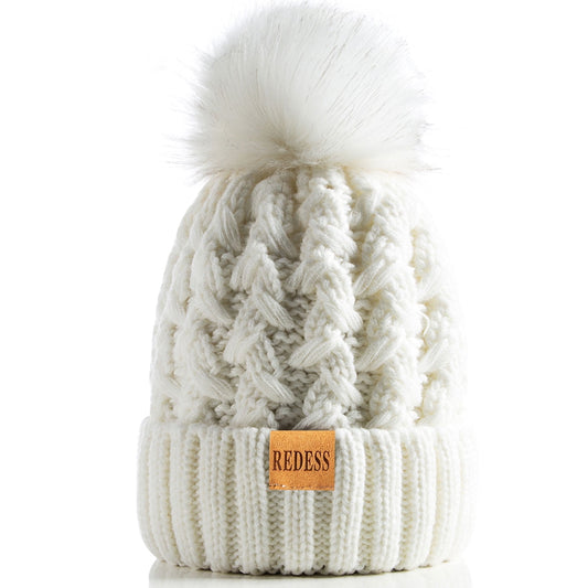REDESS Women Winter Pompom Beanie Hat for Women-White