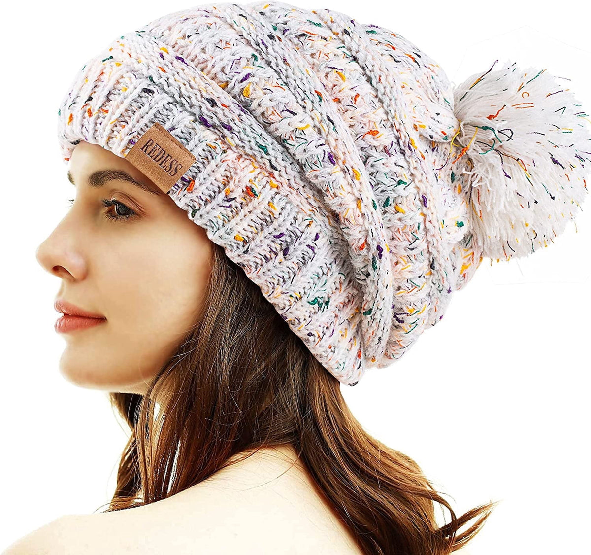 REDESS Women's Acrylic Winter Pom Pom Beanie Hat, Black, One Size
