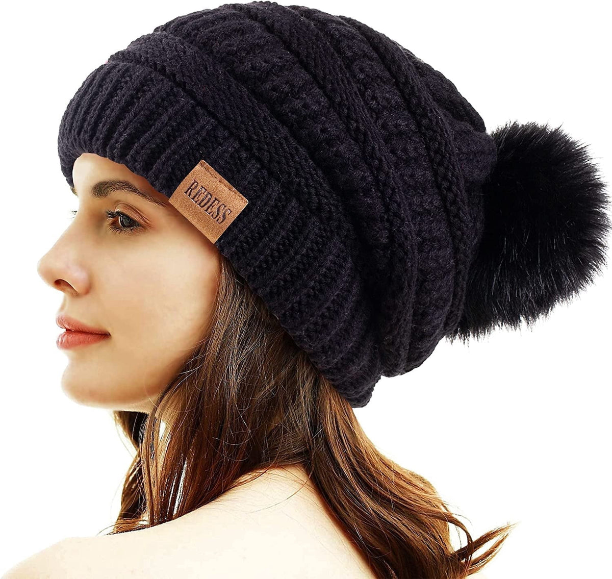 REDESS Women's Acrylic Winter Pom Pom Beanie Hat, Black, One Size