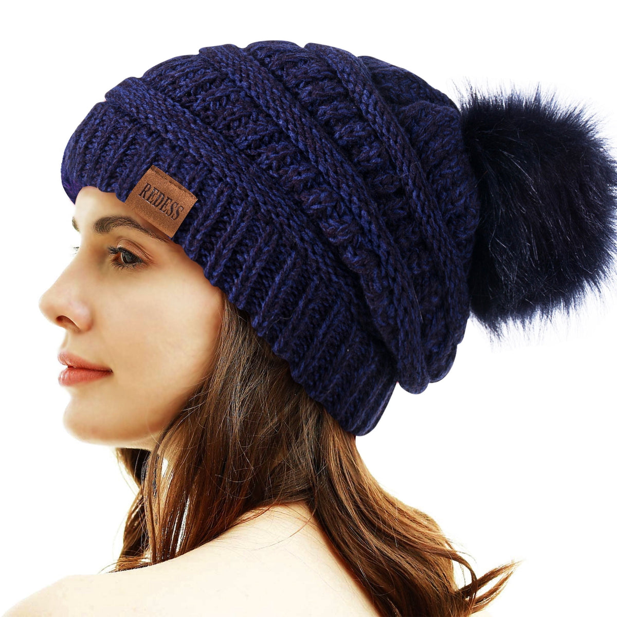 REDESS Women's Acrylic Winter Pom Pom Beanie Hat, Black, One Size
