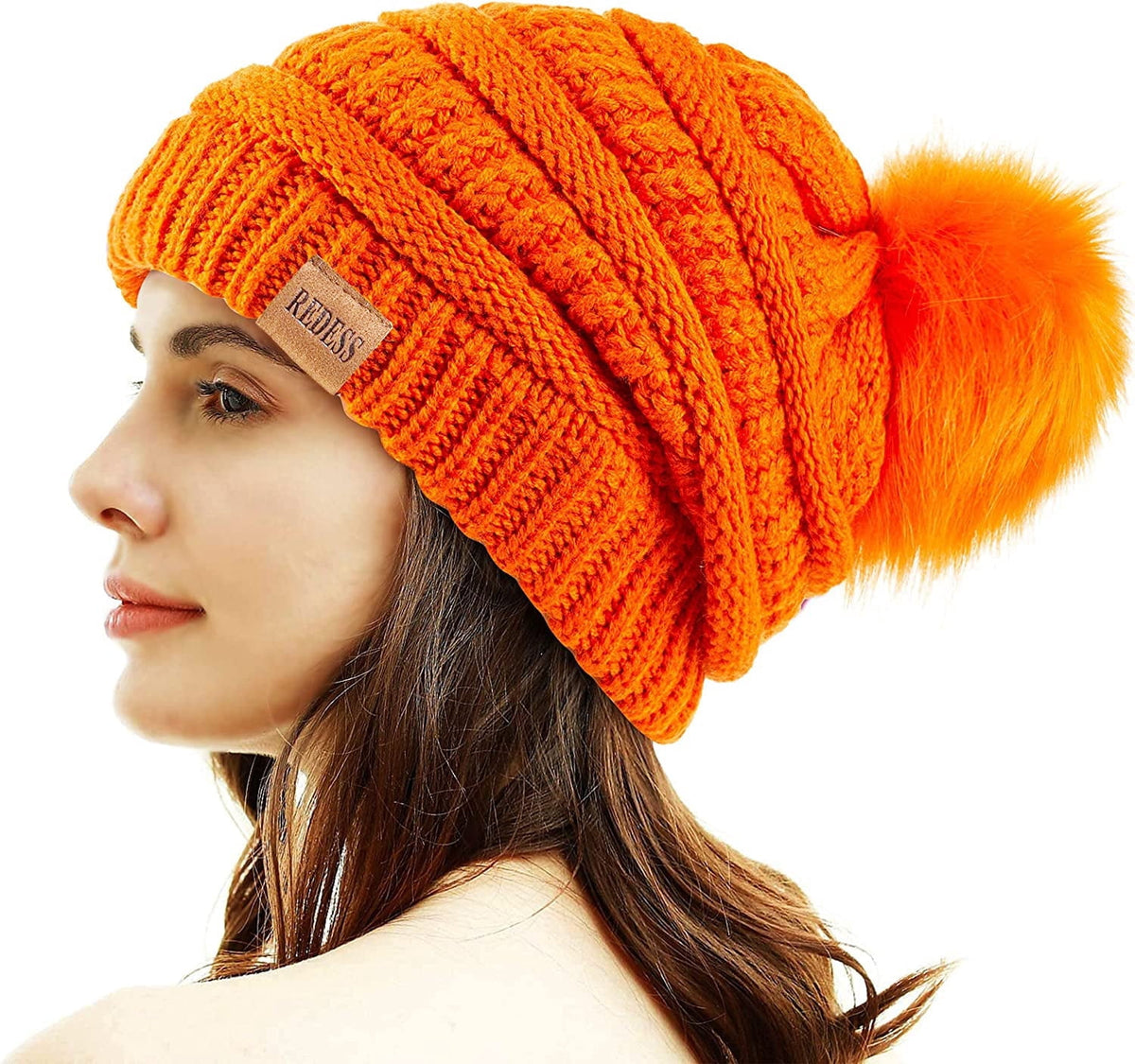 REDESS Women's Acrylic Winter Pom Pom Beanie Hat, Black, One Size
