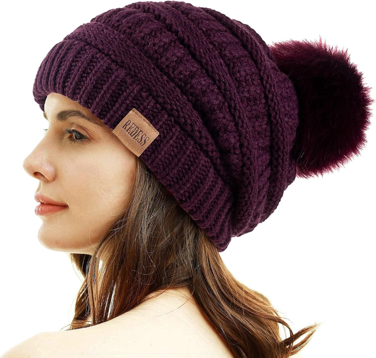 REDESS Women's Acrylic Winter Pom Pom Beanie Hat, Black, One Size