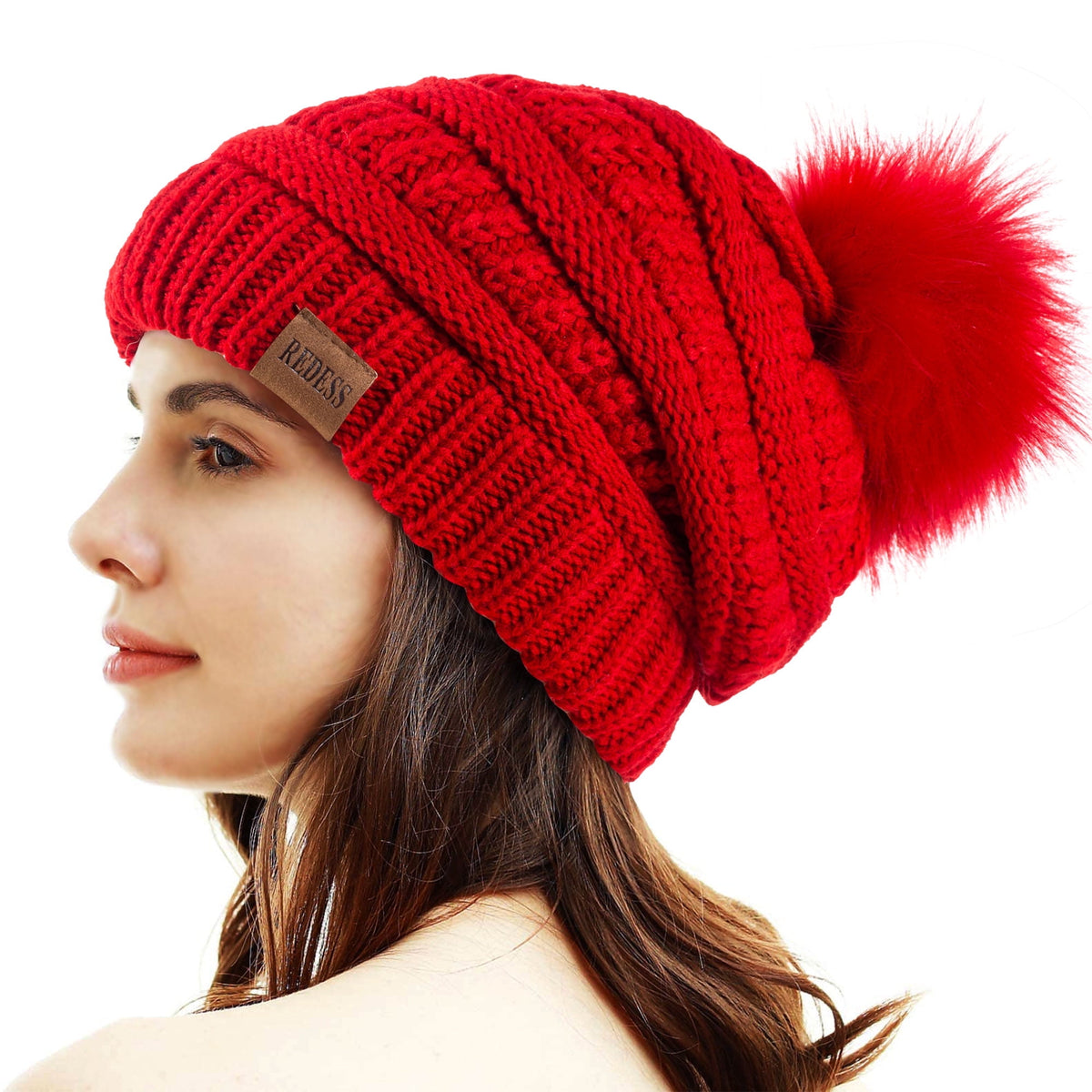 REDESS Women's Acrylic Winter Pom Pom Beanie Hat, Black, One Size