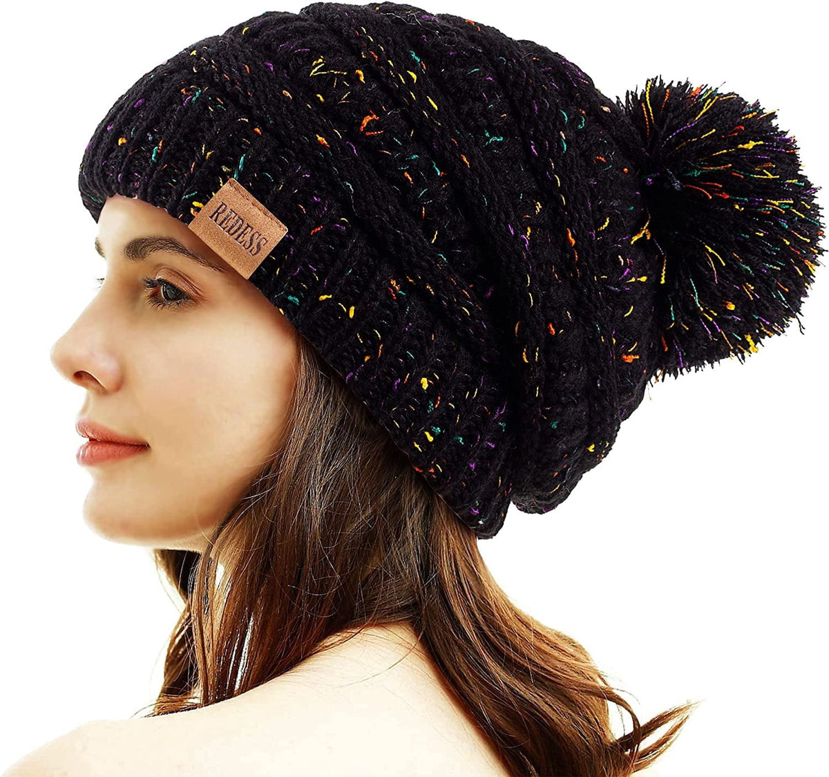 REDESS Women's Acrylic Winter Pom Pom Beanie Hat, Black, One Size