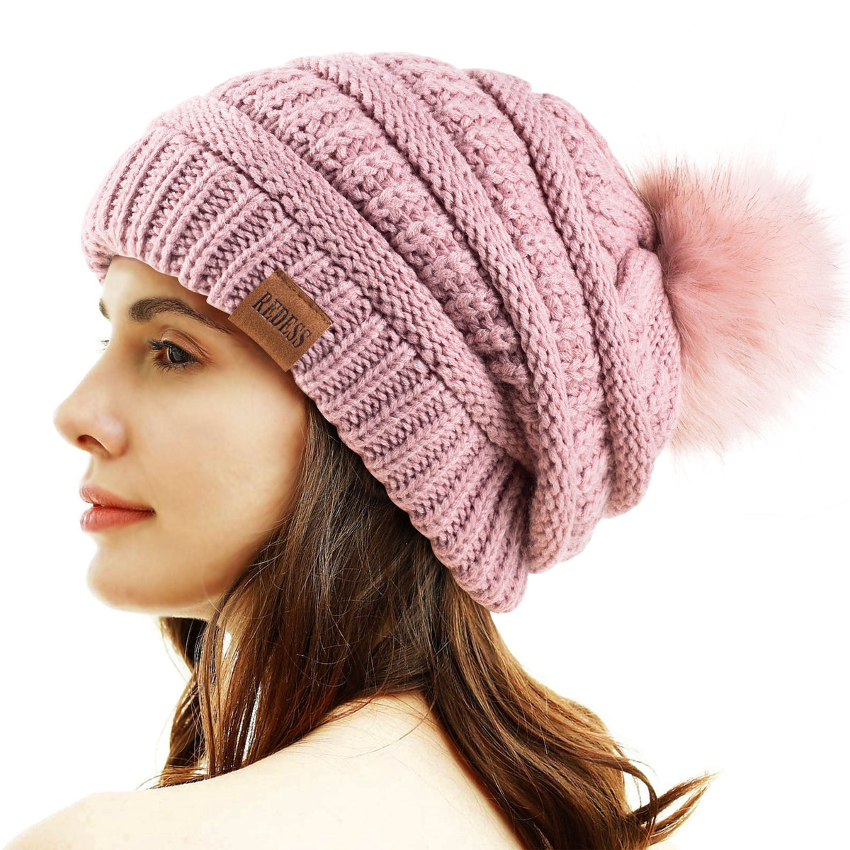 REDESS Women's Acrylic Winter Pom Pom Beanie Hat, Black, One Size