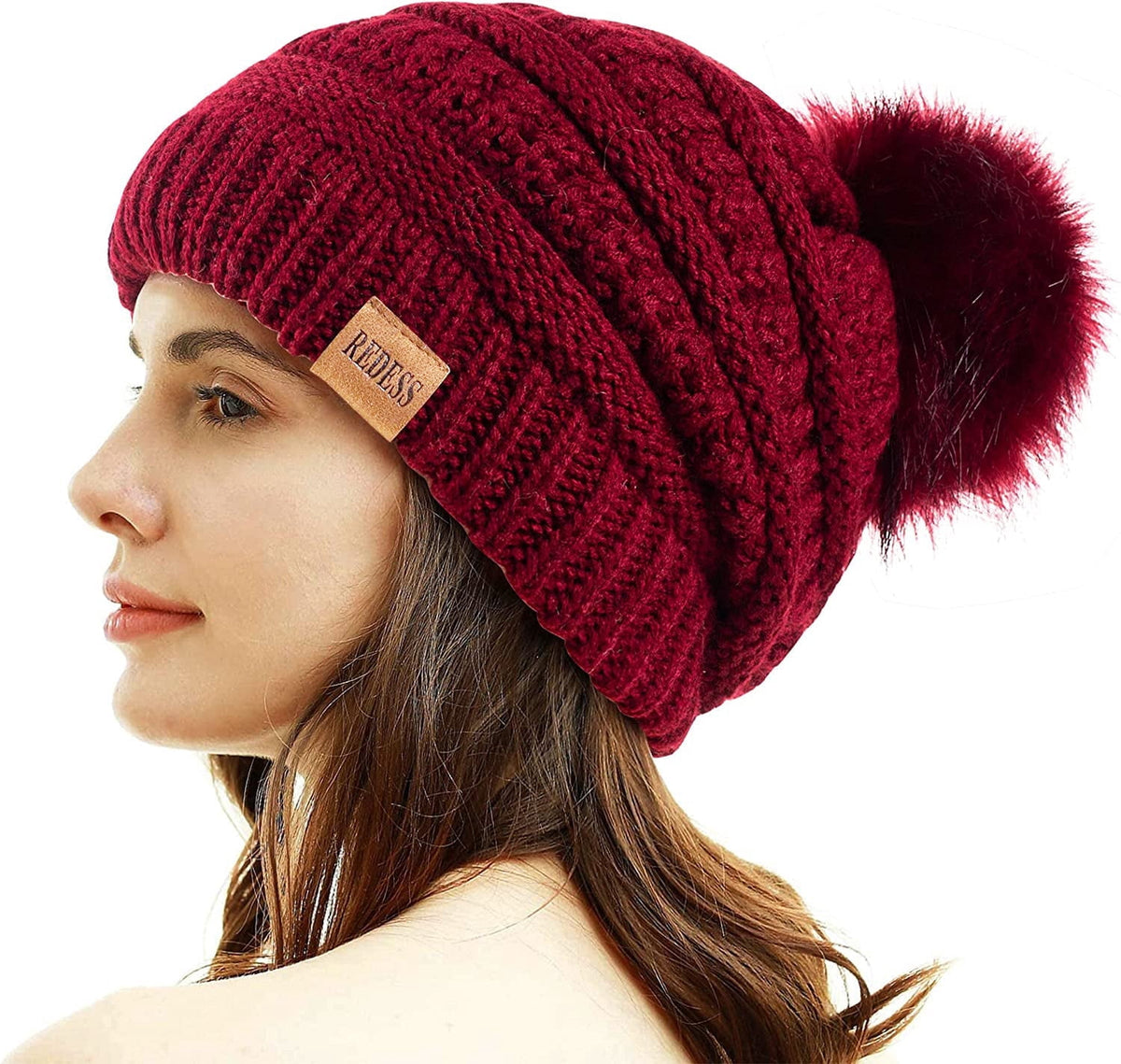 REDESS Women's Acrylic Winter Pom Pom Beanie Hat, Black, One Size