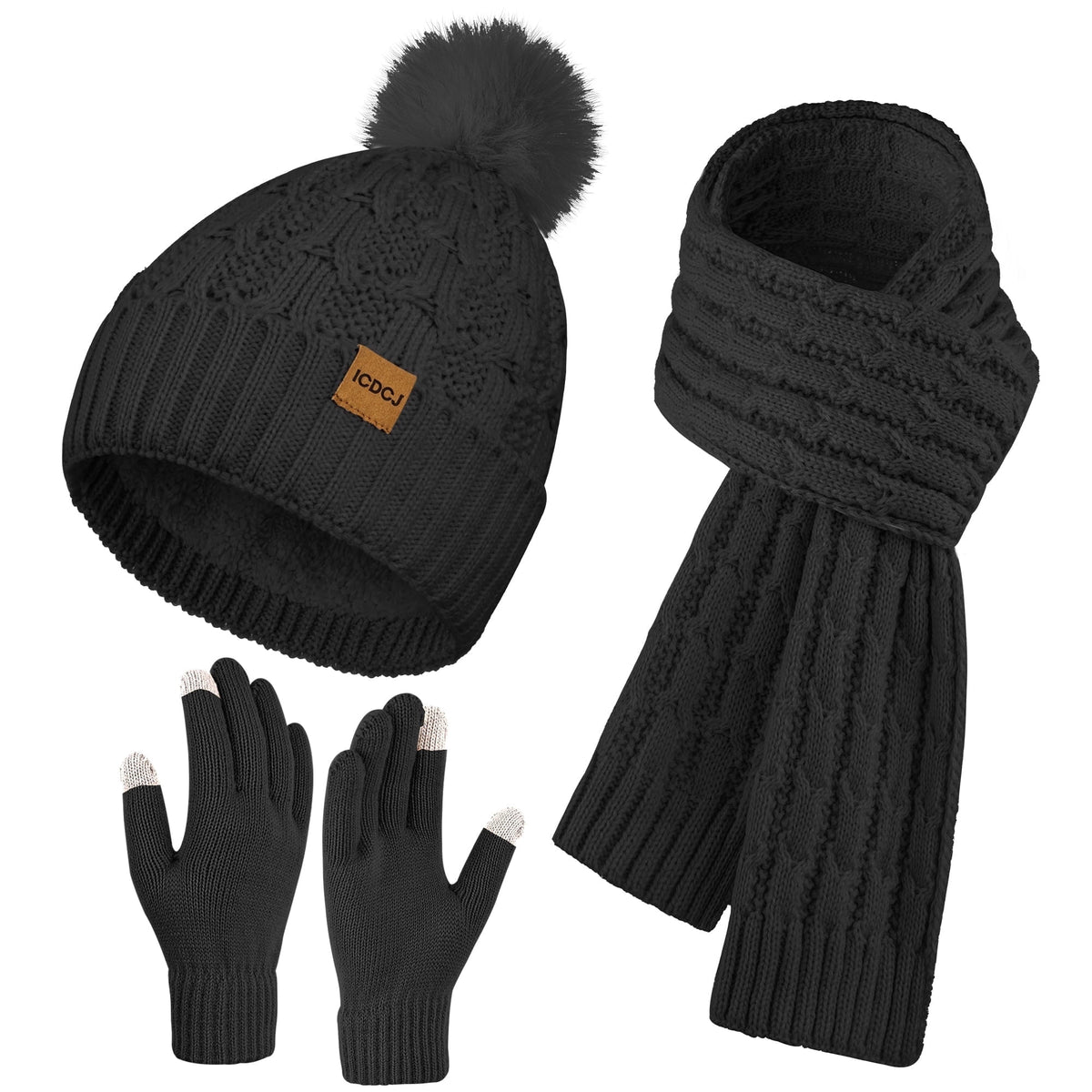 REDESS Hat,Scarf and Gloves Sets for Women's Winter Beanie Hat Touch Screen Gloves Long Scarf Set£¬Black