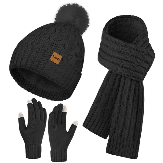 REDESS Hat,Scarf and Gloves Sets for Women's Winter Beanie Hat Touch Screen Gloves Long Scarf Set£¬Black