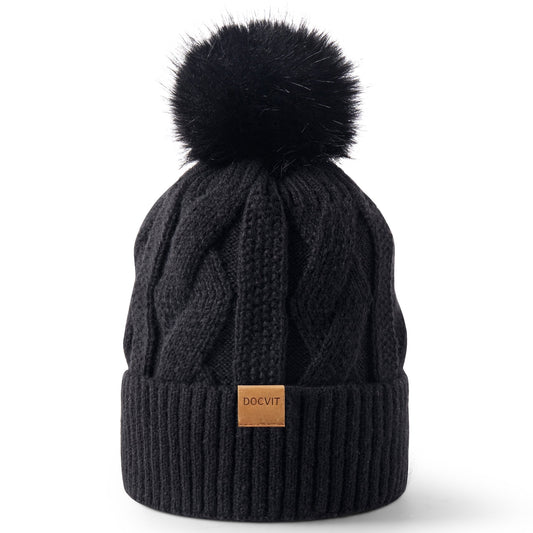 REDESS Beanie Hats for Women,Winter Warm Knitted Fleece Lined Hats Black
